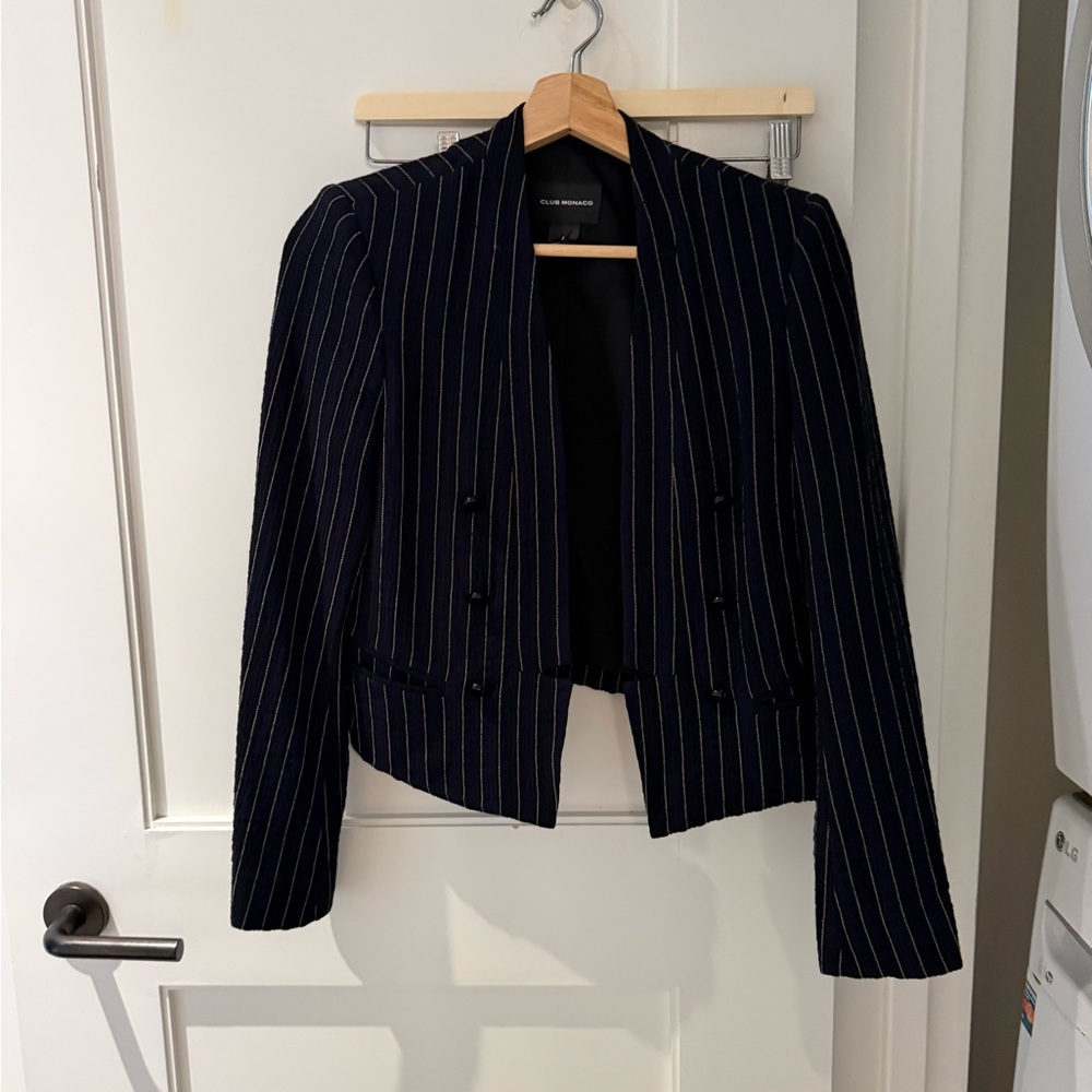 Club Monaco Navy Pinstripe Tailored Cropped Blazer